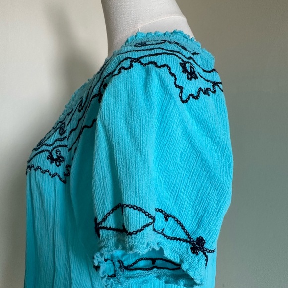 Aqua Peasant Style Short Sleeve Top- Large - Picture 3 of 6